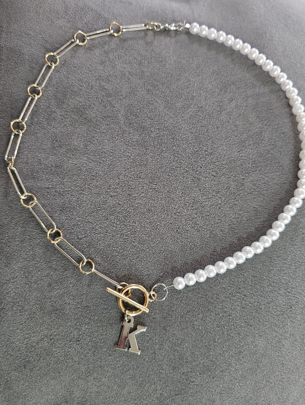 Gold & White Pearl Chain Necklace with Initial K Charm